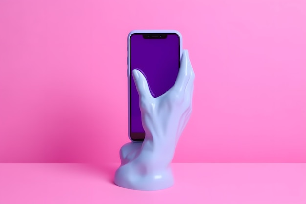 De sculptuurhand houdt een smartphone vast met een paars scherm Kunstcollage Mockup Neubrutalism Y2k Style Generative Ai