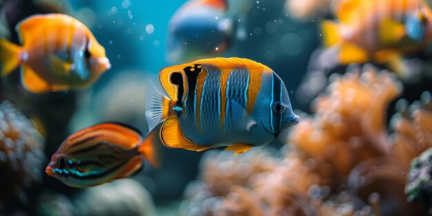 De serene onderwaterwereld wordt hier vastgelegd met een opvallende vlindervis die elegant zwemt tussen levendige koraalformaties