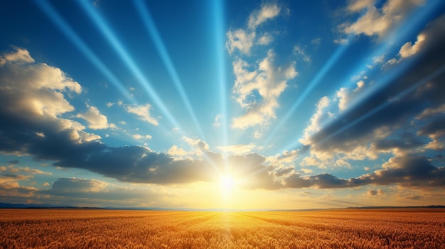 De serene opgang van de zon op het platteland met levendige tarwevelden en een heldere blauwe lucht creëert een adembenemend gezicht