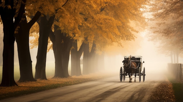 De sereniteit van de herfst Maak een mistige reis door het herfstgebladerte op een paardenkoets