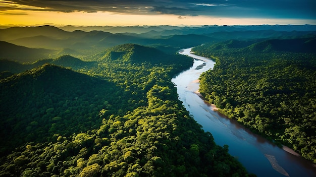 De sereniteit van de natuur Een majestueuze rivier die door een groene vallei stroomt Generatieve AI