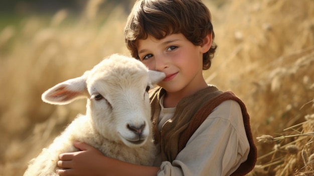 De sereniteit wordt vastgelegd een tedere weergave van het kleine kind Jezus Christus dat de schapen hoedt een vertederend en symbolisch tafereel dat het onschuldgeloof en de pastorale charme van het bijbelverhaal belichaamt