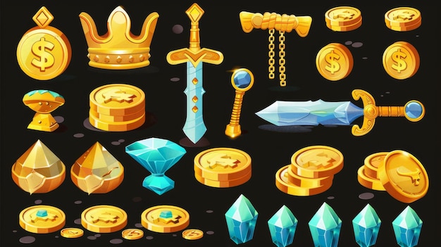 De set bevat gouden munten diamanten en sieraden Moderne cartoons van geld een kroon zwaard en kristallen