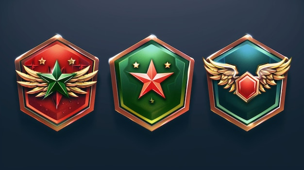 Foto de set van militaire spel rang iconen is geïsoleerd op een donkerblauwe achtergrond de medailles zijn zeshoekige rode en groene metaal versierd met glanzende sterren en vleugels de niveau trofee badge is een ui ontwerp