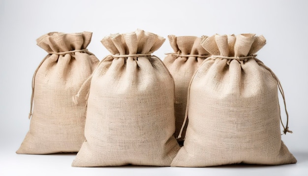 De set White Bags van burlap geïsoleerd op witte achtergrond