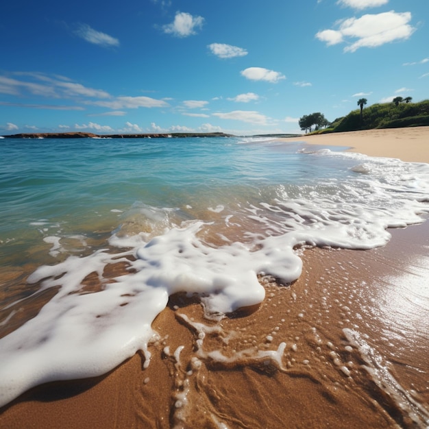De sfeer aan zee, heldere golven op het strand die het zuivere zeewater weerspiegelen, natuurlijke charme voor sociale media.