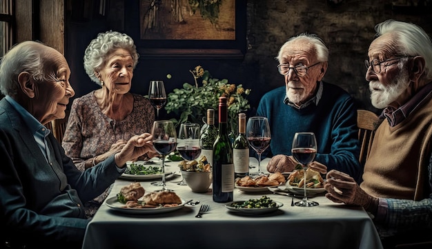 De sfeer bij de wijnproeverij gonst van de gesprekken terwijl de oudere klanten hun liefde voor de druif en lekker eten delen. Gegenereerd door AI