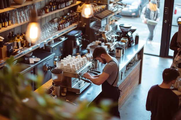 De sfeer van een drukke koffieshop met klanten en barista's is schitterend.