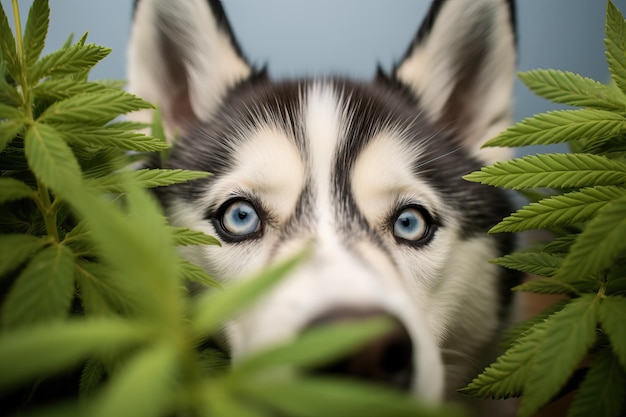 De Siberische husky ruikt bladeren van marihuana struiken