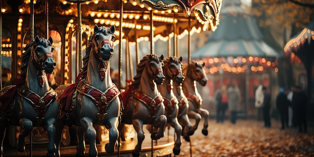 De sierlijke carrousel staat stil paarden poised midgallop in de avondzon