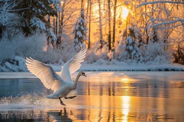 De sierlijke witte zwaan vertrekt uit het water tegen de achtergrond van het winterlandschap.