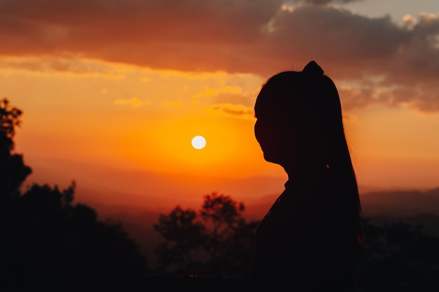 De silhouet jonge vrouw bekijkt de zonsondergang.