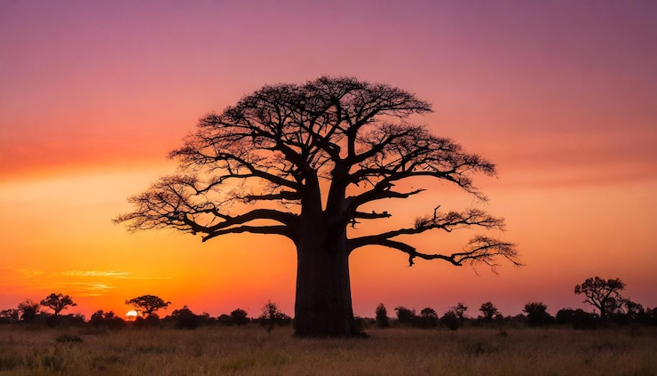 Foto de silhouet van de baobabboom tegen een vurige oranje en paarse zonsondergang toont het iconische symbool van de
