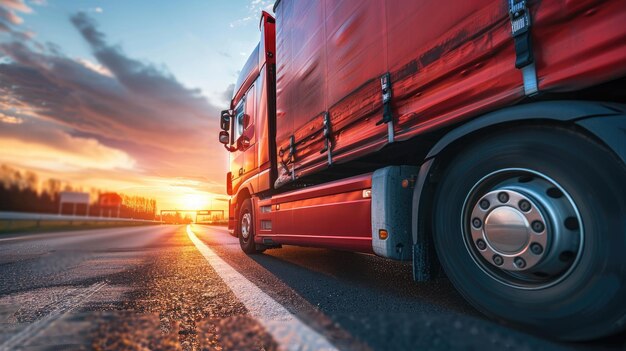 Foto de silhouet van de majestic semitruck tegen de ondergaande zon