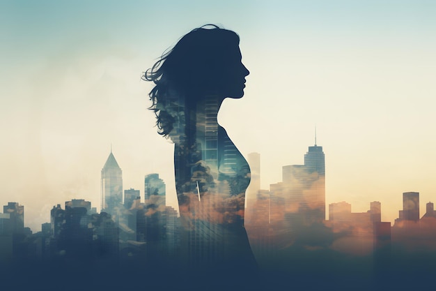 De silhouet van een stedelijke vrouw in het midden van het moderne stadsbeeld