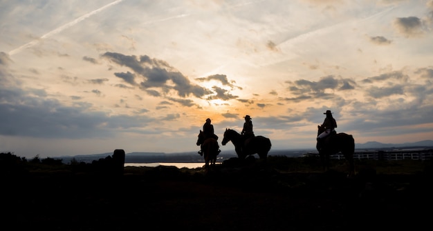 De silhouetfoto van is vrouwen die op zonsondergang voor activiteitenreis paardrijden