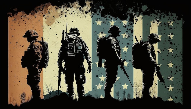 Foto de silhouetten van de amerikaanse legermilitair tegen generatieve ai van de amerikaanse vlag