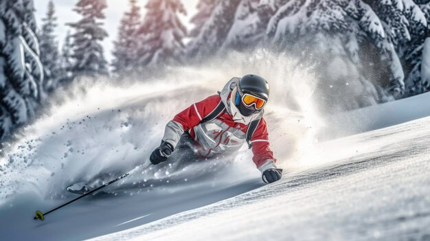 De skiër daalt zelfverzekerd en nauwkeurig af gekleed in heldere ski-uitrusting gegenereerd door AI