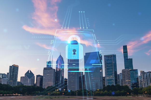 De skyline van Chicago van Butler Field naar de wolkenkrabbers van het financiële district bij zonsondergang Illinois USA Parken en tuinen Het concept van cyberbeveiliging om het hologram van vertrouwelijke informatie van bedrijven te beschermen