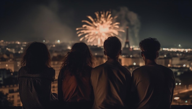 De skyline van de stad explodeert met een vreugdevolle viering van vuurwerk gegenereerd door AI