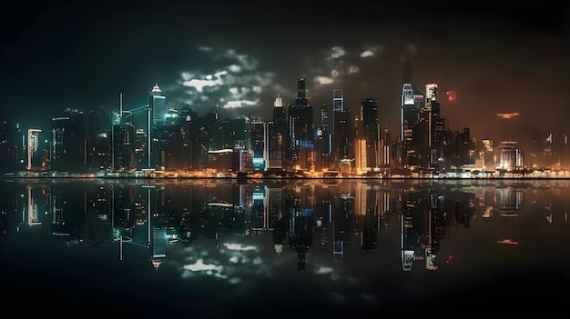 De skyline van de stad's nachts met reflectie op het water Het drukke nachtleven