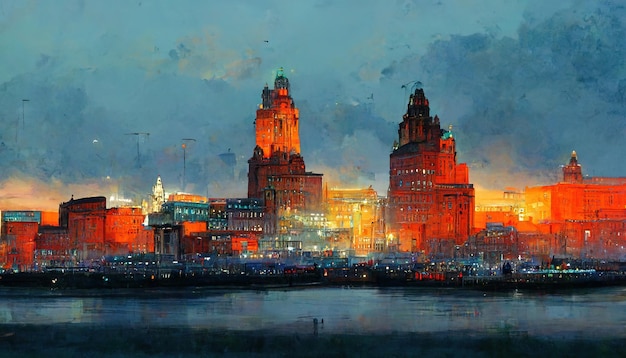 De skyline van de stad van Liverpool Liverpool schilderij illustratie kunst