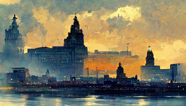 De skyline van de stad van Liverpool Liverpool schilderij illustratie kunst