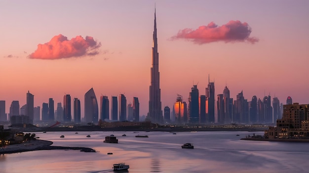 De skyline van Dubai in de avond