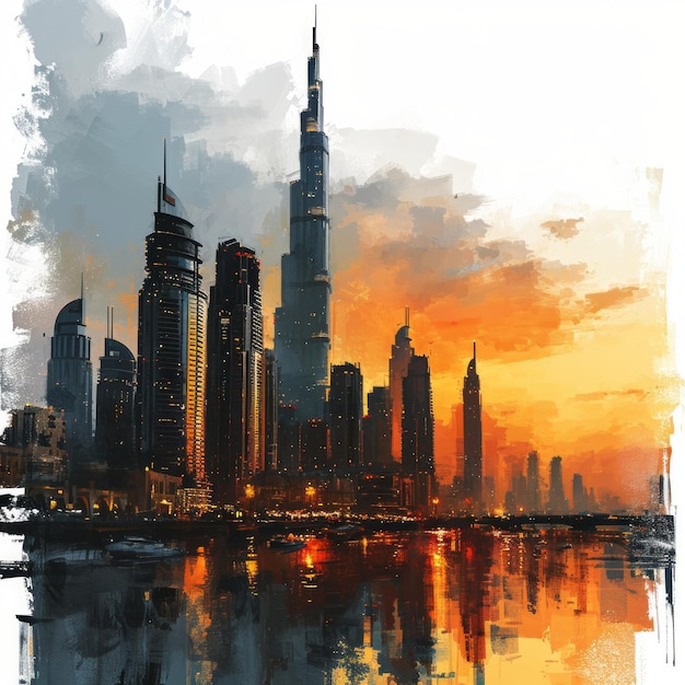 De skyline van Dubai met een hoge toren gecreëerd met generatieve AI-technologie