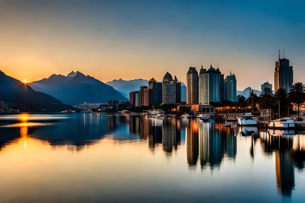 De skyline van een stad met een meer en bergen op de achtergrond.