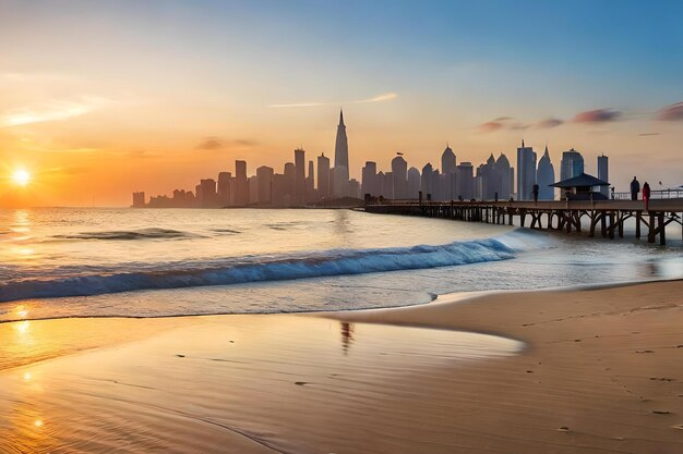 De skyline van een stad met een strand en een wolkenkrabber op de achtergrond