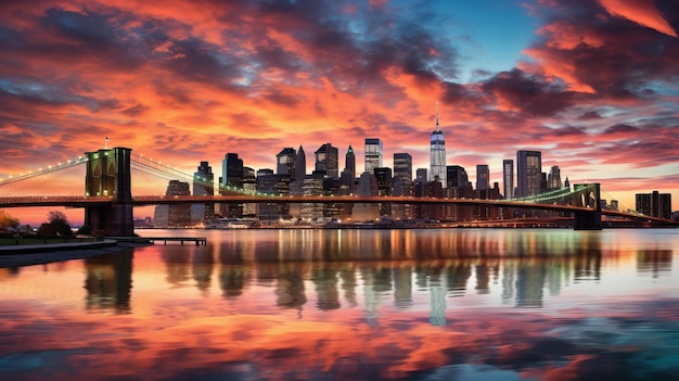 De skyline van New York City bij zonsondergang