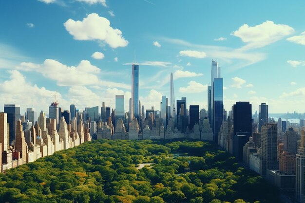 De skyline van New York City met wolkenkrabbers en groene bomen op zonnige dag