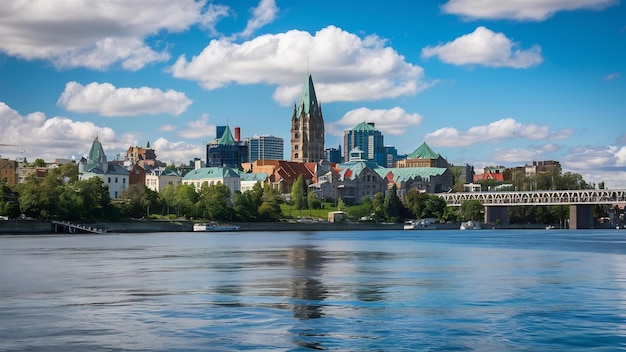 De skyline van Quebec City over de rivier met blauwe lucht en wolken