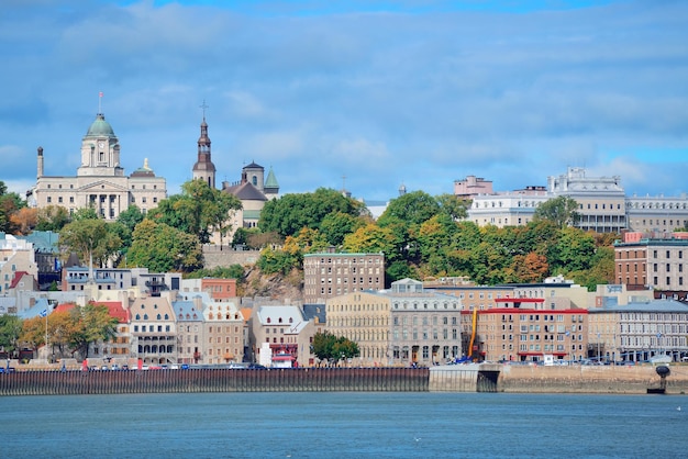 De skyline van Quebec City over rivier met blauwe lucht en wolken.