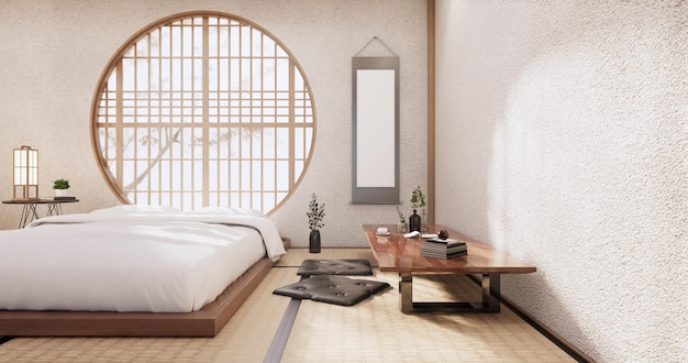 De slaapkamer, Japanse minimalistische stijl. 3D-rendering