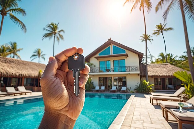 Foto de sleutel van de hotelkamer is in uw hand tegen de achtergrond van een huis en een zwembad op het grondgebied van een tropisch resort reizen vakantie tour accommodatie boeken verhuur ai gegenereerd