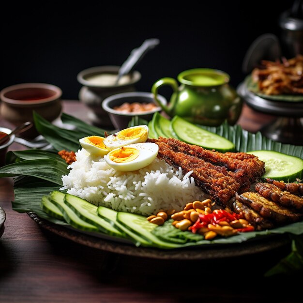 Foto de smaken van maleisië nasi lemak geniet van bananenbladeren