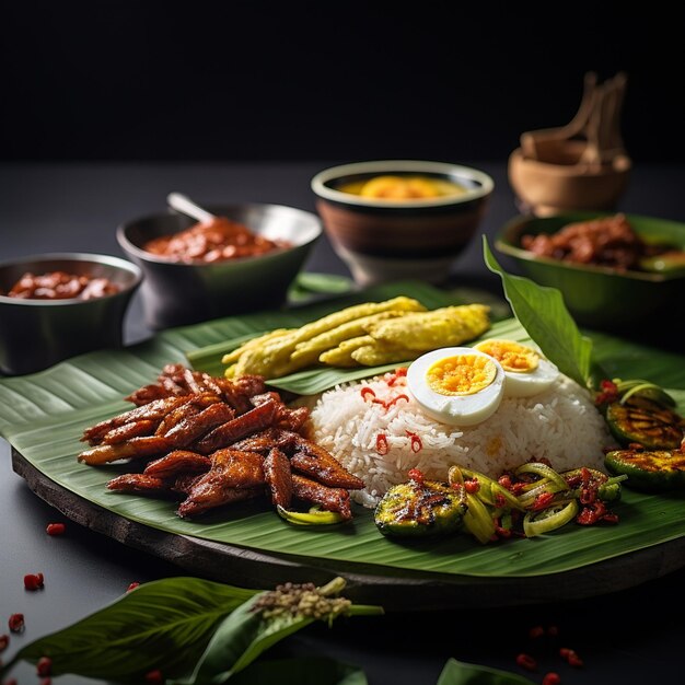 Foto de smaken van maleisië nasi lemak geniet van bananenbladeren