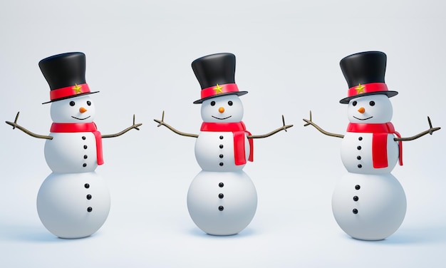 De sneeuwman draagt een zwarte hoed rode doek strepen en een rode sjaal voor de winter Kerstmis en Nieuwjaar festivals 3 stukken sneeuw man met zwarte ogen en een glimlachend gezicht op een witte achtergrond 3d rendering