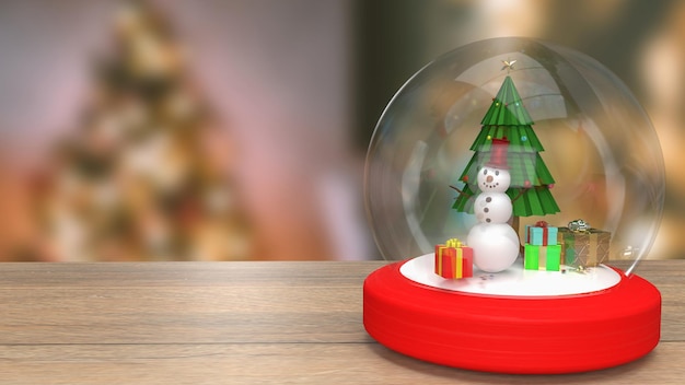 De sneeuwpop en kerstboom in glazen bol 3D-rendering