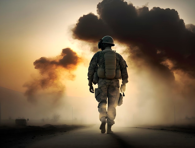 De soldaat loopt weg omringd door wolken gekleurde rook