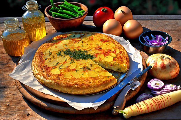 De Spaanse vegetarische keuken die buiten in het ochtendzonlicht wordt geserveerd, omvat een portie zelfgemaakte verrukkelijke tortilla de patatas met ui