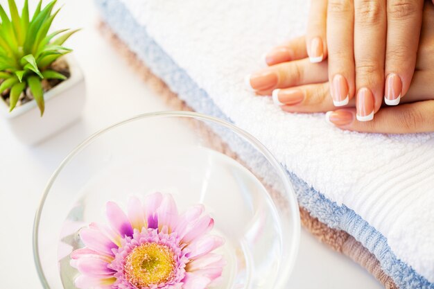 De spijkers van de mooie vrouw met Franse manicure