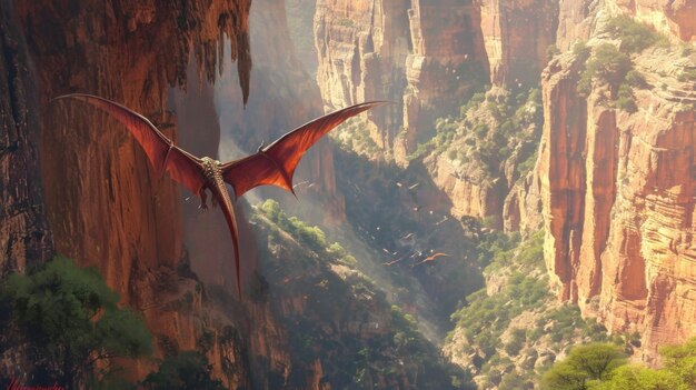 Foto de spookachtige schreeuw van een dimorphodon die door de canyons weerklinkt zijn slanke vleugels snijden door de