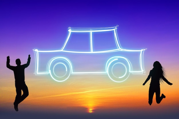 De springende vorm van de paarauto en zonsondergang