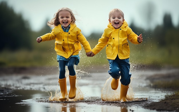 De sprongen van gelukkige kleine kinderen in plassen met rubber