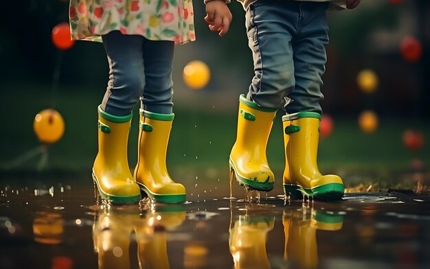 Foto de sprongen van gelukkige kleine kinderen in plassen met rubber