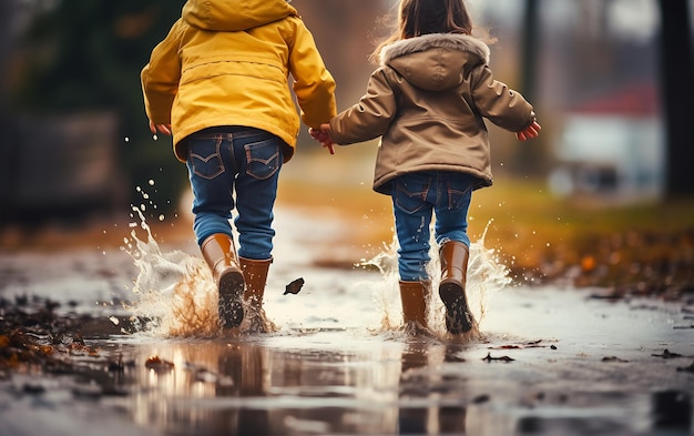 De sprongen van gelukkige kleine kinderen in plassen met rubber