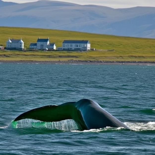 De staart van een walvis wordt gezien in het water op de Faeröer